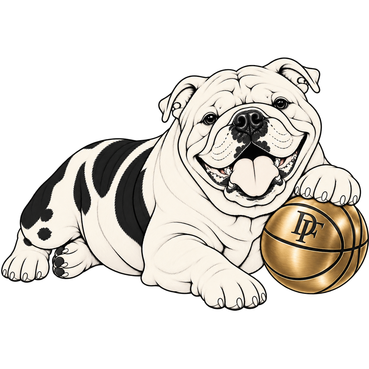 The Deegan house mark — bulldog with the gold DF ball