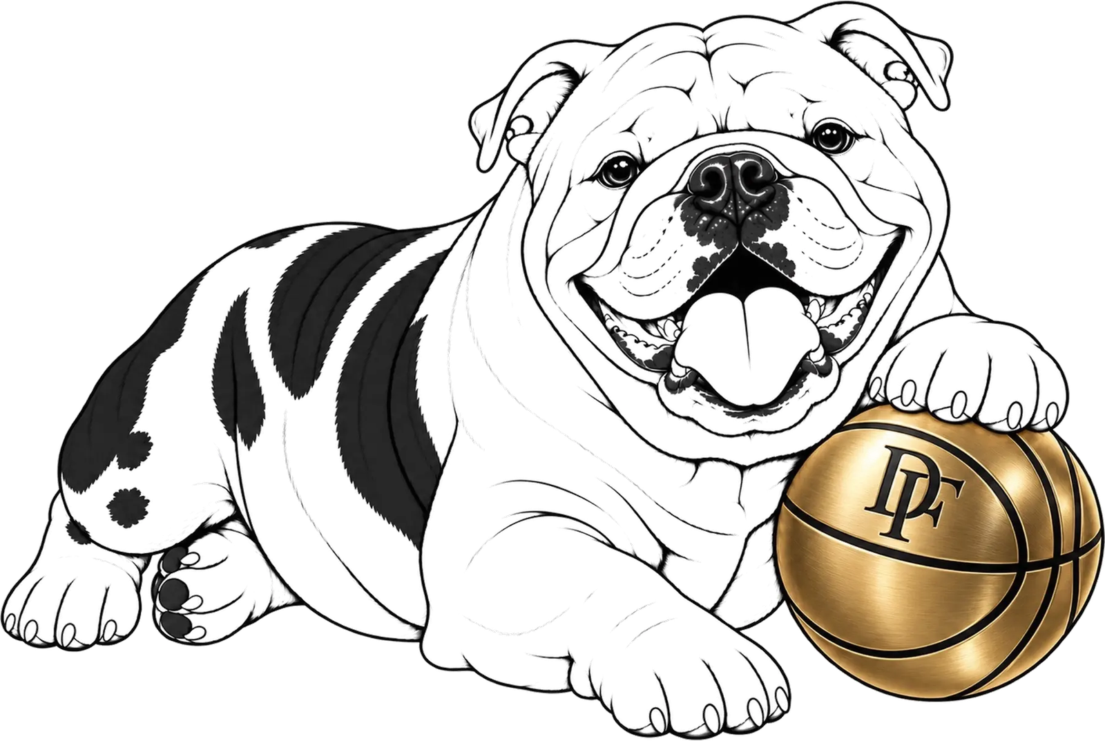 The Deegan house mark — bulldog with the gold DF ball