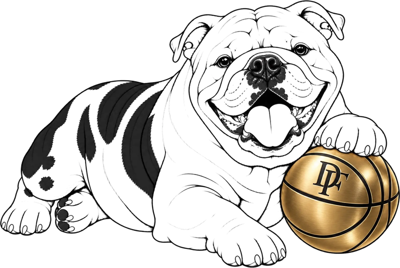 The Deegan house mark — bulldog with the gold DF ball