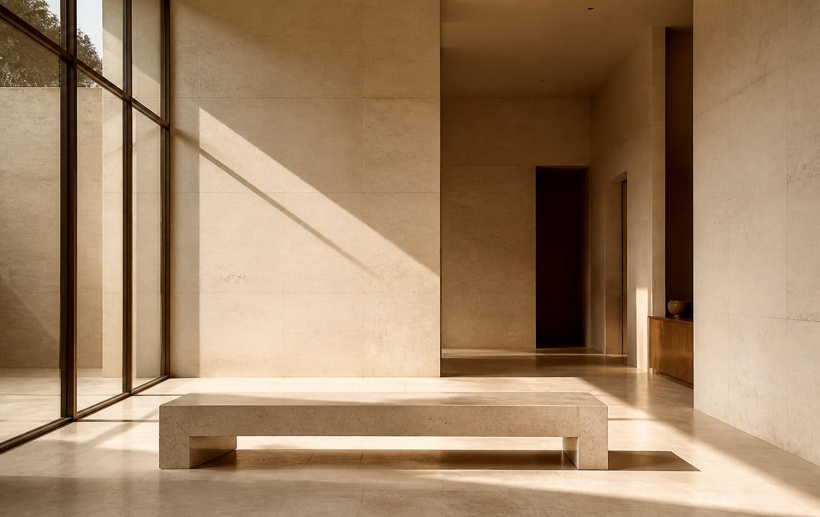 Minimal limestone interior with long afternoon shadows