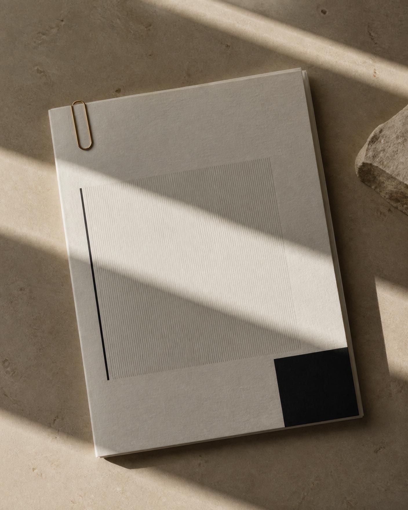A bound executive strategy presentation resting on limestone in architectural light