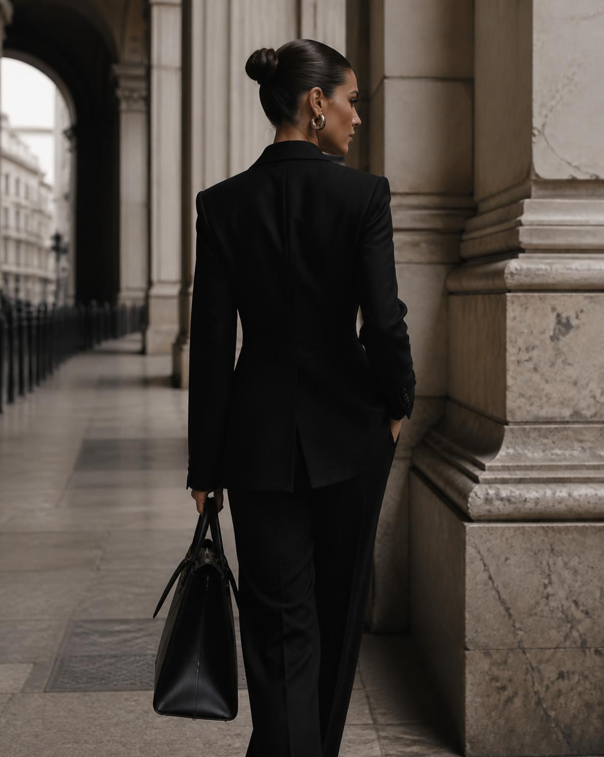 Editorial photograph of tailored dress in a stone colonnade
