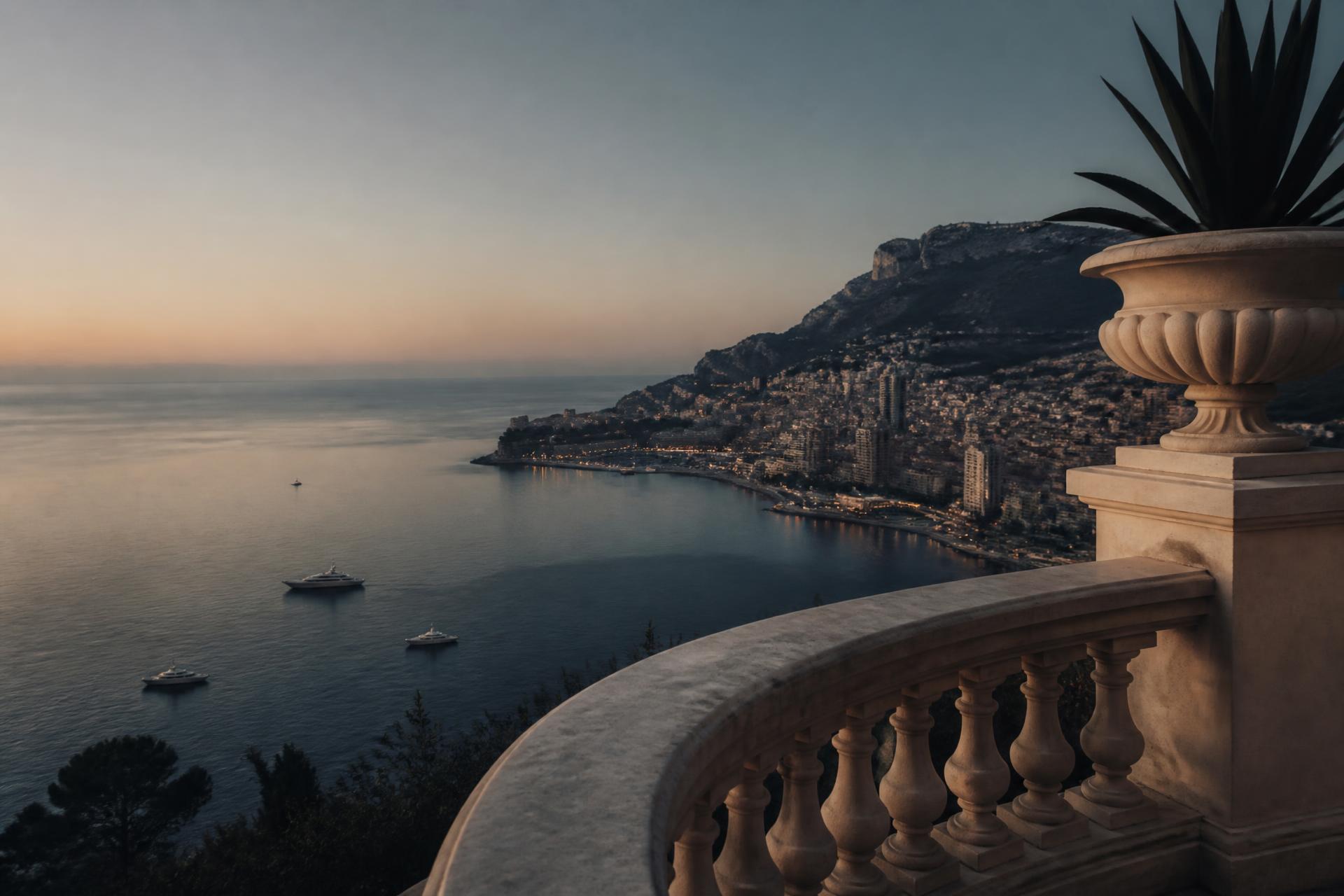 Mediterranean coastline at dusk seen from a stone terrace